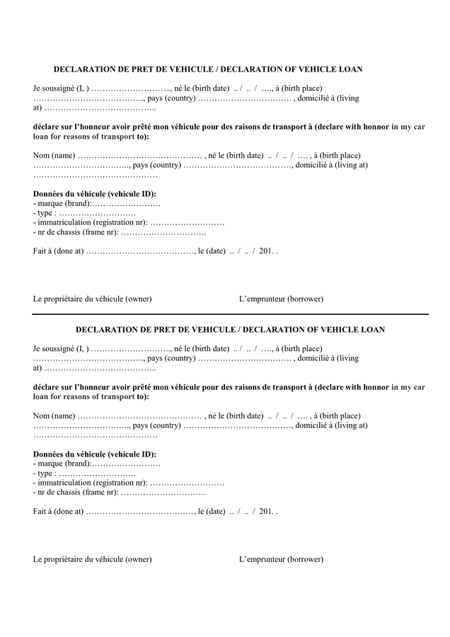 Declaration De Pret De Vehicule DOC PDF Page 1 Sur 1