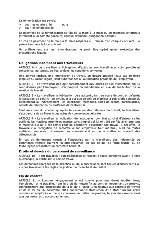 Mod Le De R Glement De Travail Belgique Doc Pdf Page Sur