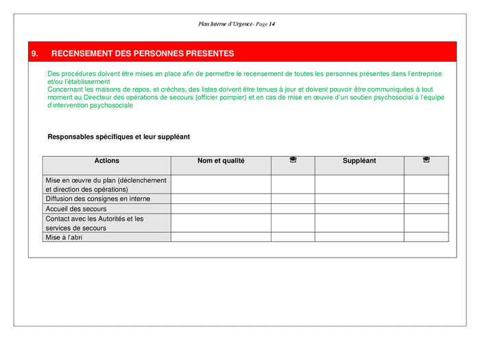 Modele De Plan Interne D Urgence Doc Pdf Page Sur