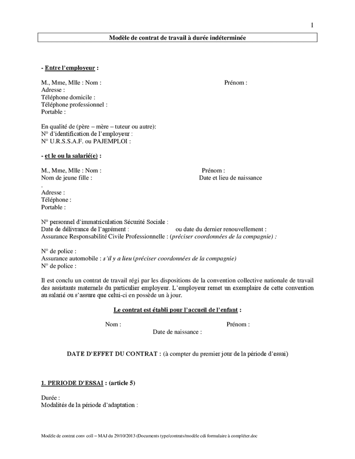 Modèle de contrat de travail à durée indéterminée DOC PDF page 1 sur 5