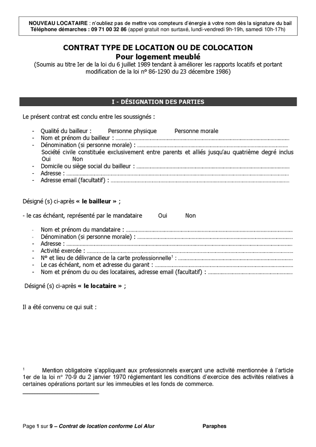 Exemple de contrat type de location ou de colocation pour logement meublé DOC PDF page sur