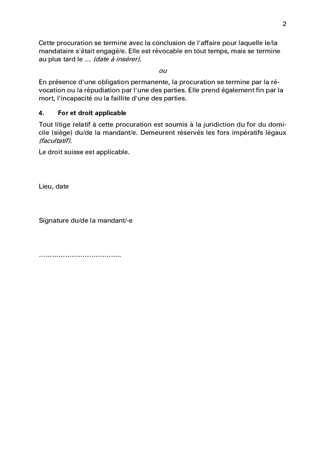 Modèle de procuration individuelle Suisse DOC PDF page 2 sur 2