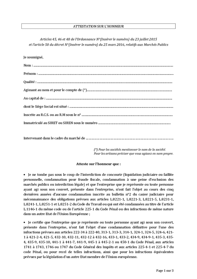 Modèle d attestation sur l honneur DOC PDF page sur