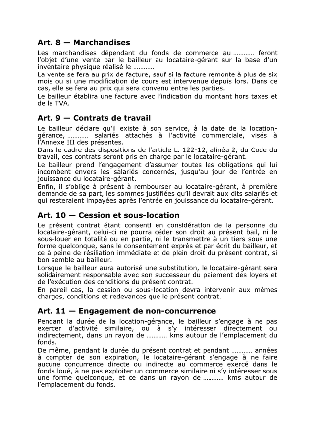 Contrat De Location Gerance De Fonds De Commerce Doc Pdf