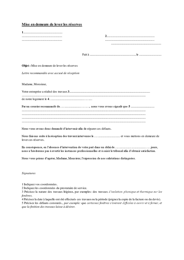 Mise en demeure de lever les réserves DOC PDF page sur