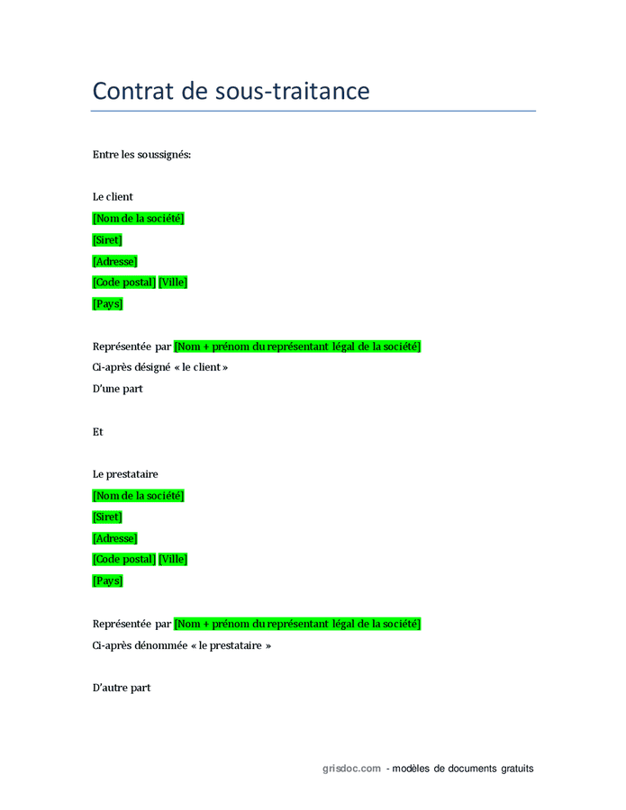 Contrat De Sous Traitance DOC PDF Page Sur