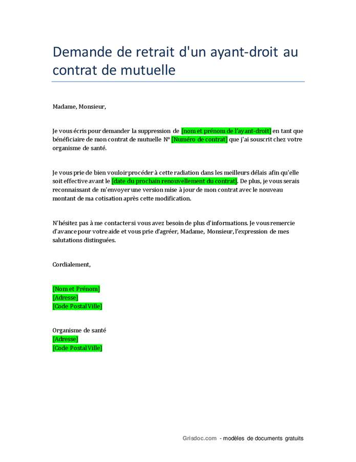 Demande De Retrait D Un Ayant Droit Au Contrat De Mutuelle DOC PDF