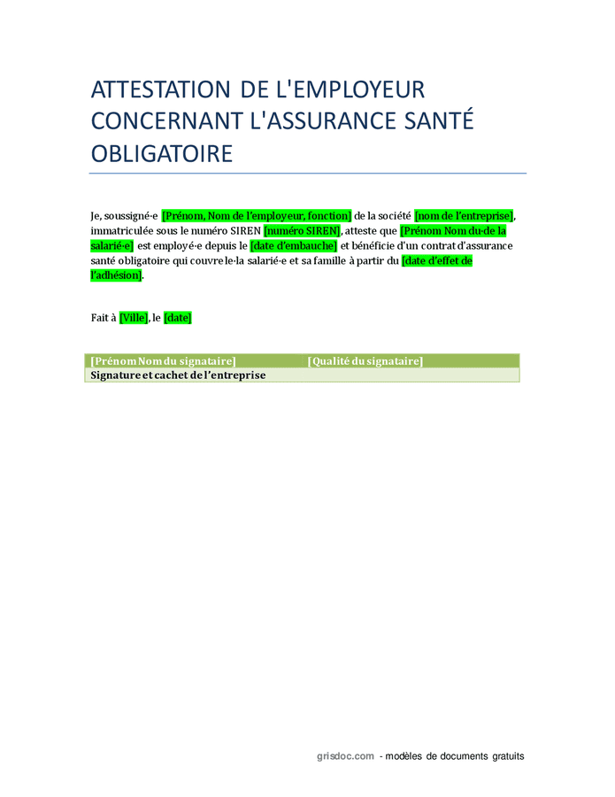 Attestation de l employeur concernant l assurance santé obligatoire