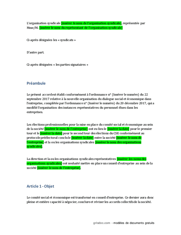 Accord Collectif De Mise En Place Du Conseil Dentreprise DOC PDF