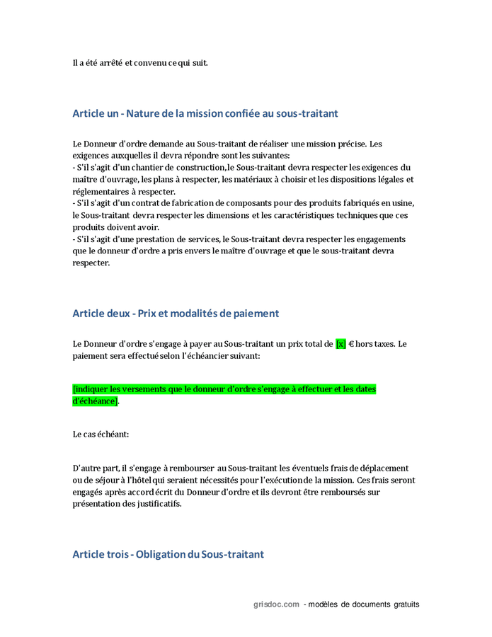 Contrat De Sous Traitance Doc Pdf Page Sur