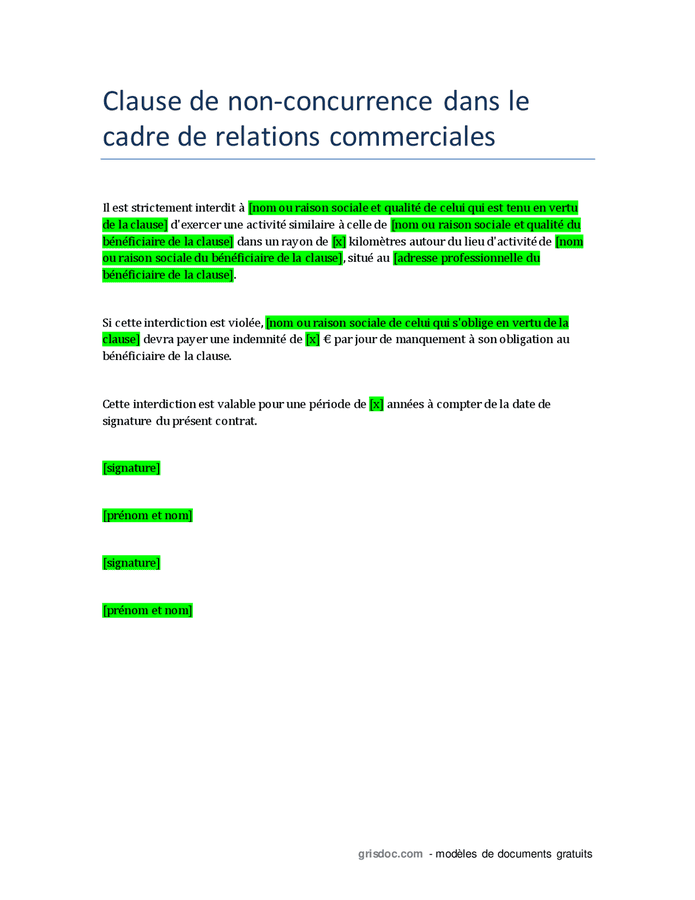 Clause De Non Concurrence Dans Le Cadre De Relations Commerciales DOC