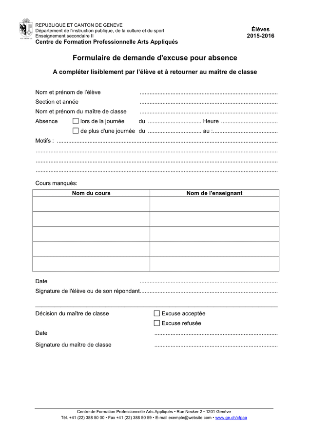 Formulaire de demande d 'excuse pour absence (Suisse)  DOC, PDF  page