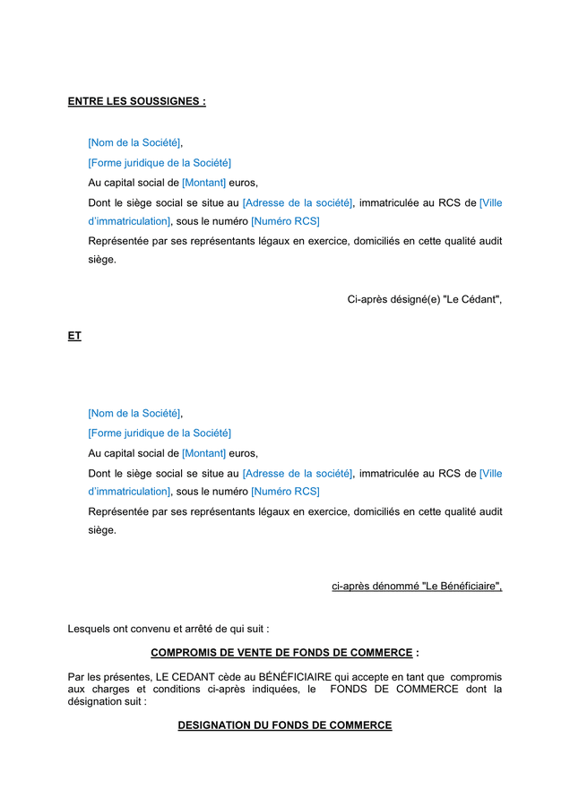 Projet de vente de fonds de commerce DOC, PDF page 2 sur 10