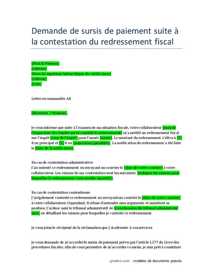 Demande De Sursis De Paiement Suite La Contestation Du Redressement