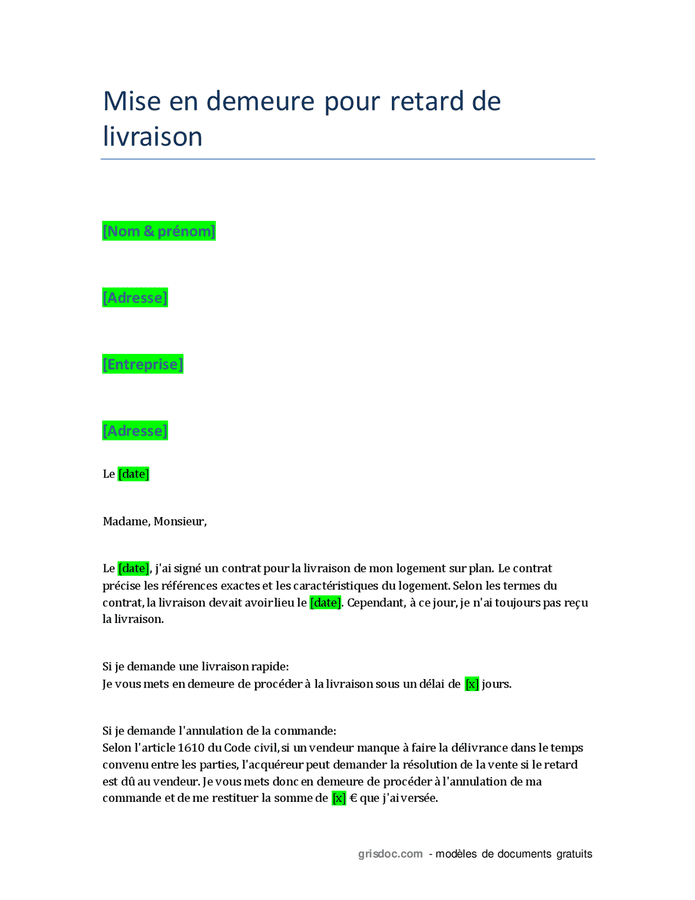 Mise En Demeure Pour Retard De Livraison DOC PDF Page Sur