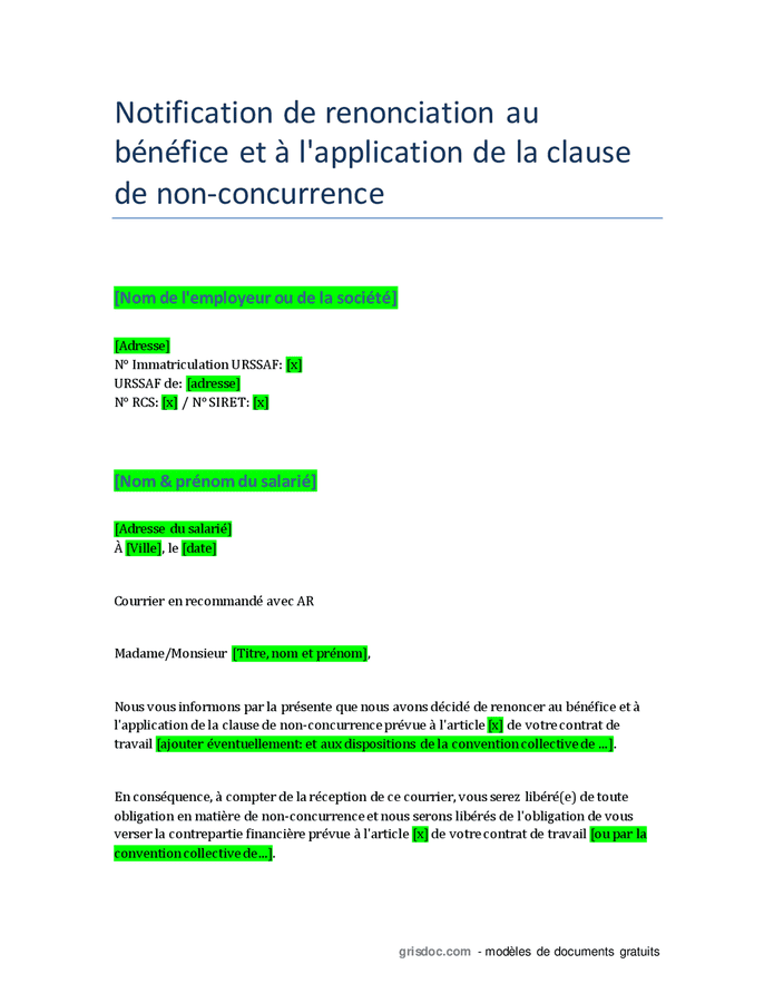 Notification de renonciation au bénéfice et à l application de la