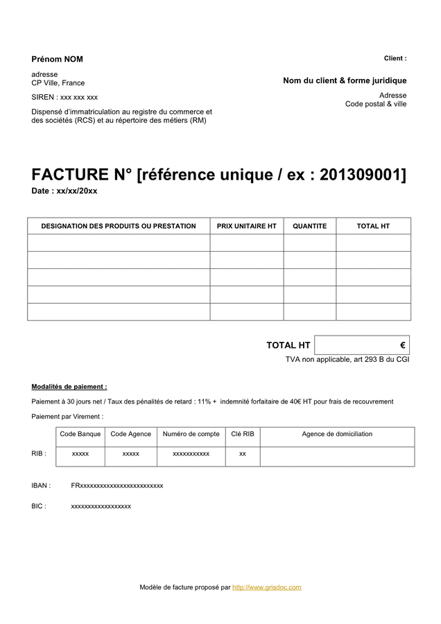 Modele De Facture Auto Entrepreneur France Doc Pdf Page 1 Sur 1