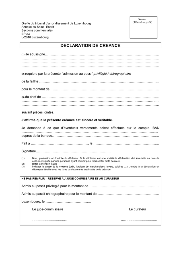 Aperçu du fichier Modèle de déclaration de créance (Luxembourg)