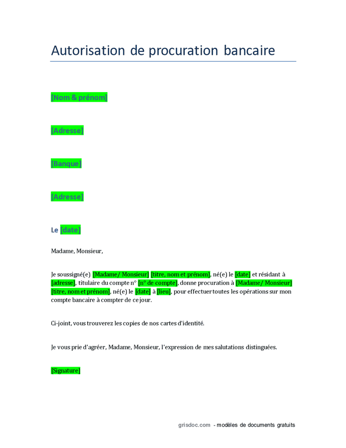 Autorisation De Procuration Bancaire Doc Pdf Page Sur