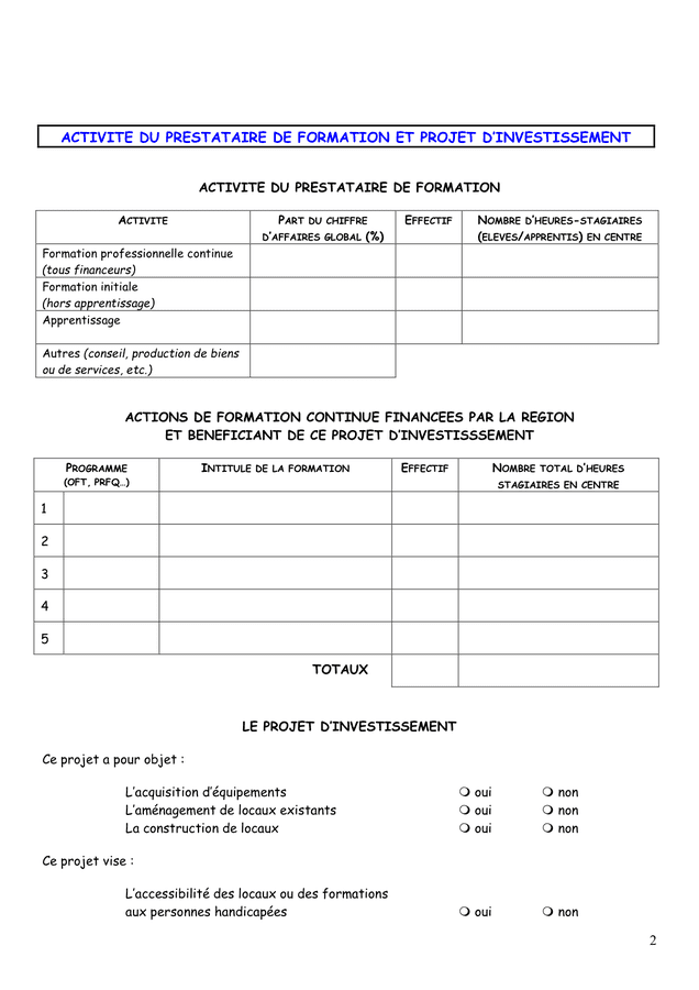 Projet d’investissement formation professionnelle continue  DOC, PDF