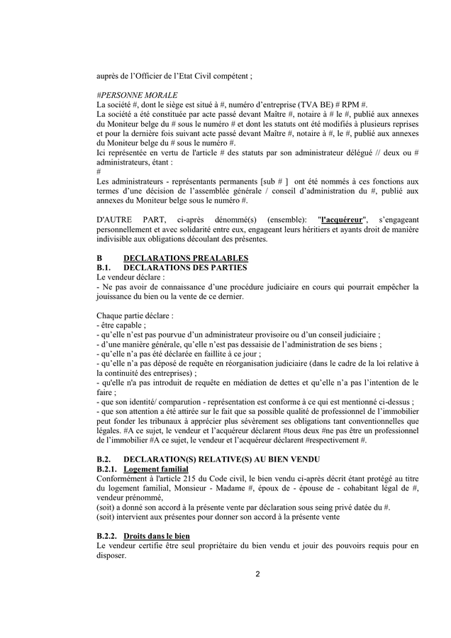 Compromis De Vente D’un Bien Immobilier (Belgique) - DOC, PDF - Page 2 ...