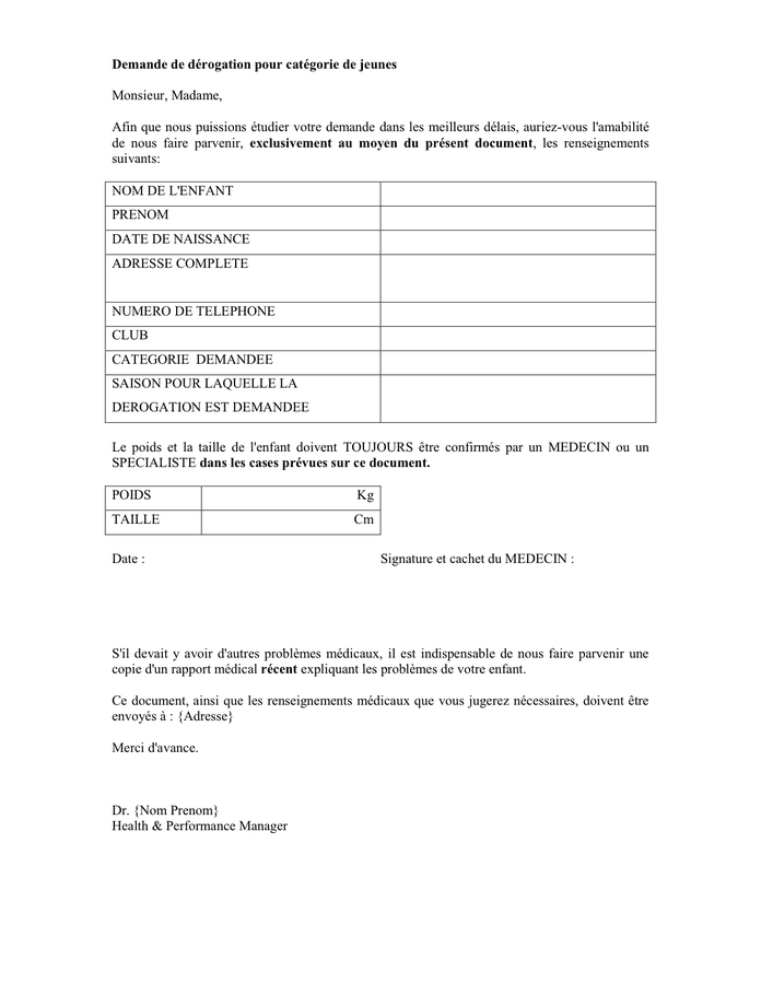 Demande De D Rogation Pour Cat Gorie De Jeunes Doc Pdf Page Sur