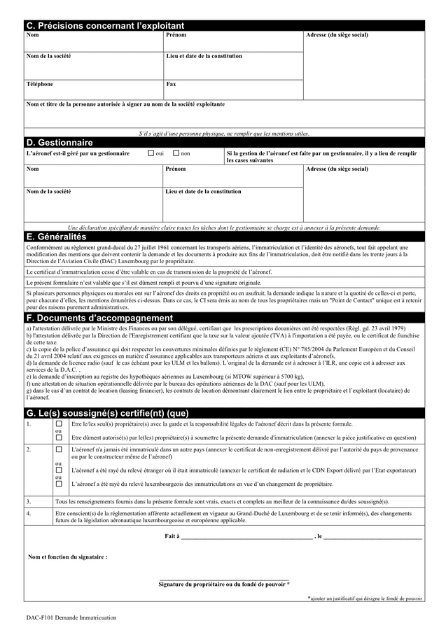 Demande D Immatriculation Au Releve Des Aeronefs Luxembourg