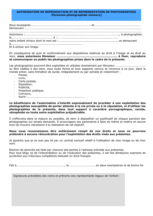 Autorisation De Reproduction Et De Representation De Photographie DOC PDF Page Sur