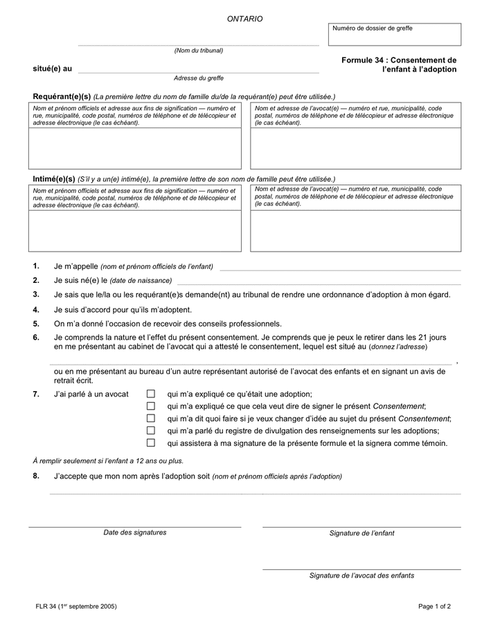 Consentement de l’enfant à l’adoption (Canada) DOC, PDF page 1 sur 2