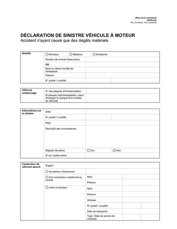 Aperçu du fichier Déclaration de sinistre véhicule à moteur (Suisse)