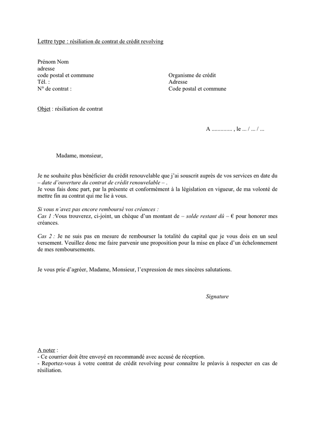 Lettre De R Siliation De Contrat De Cr Dit Revolving Doc Pdf Page The Best Porn Website