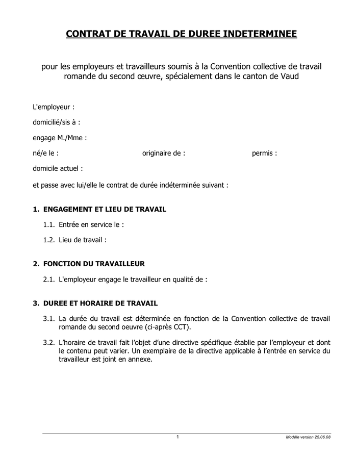 Modelé de contrat de travail de duree indeterminee DOC PDF page 1 64944