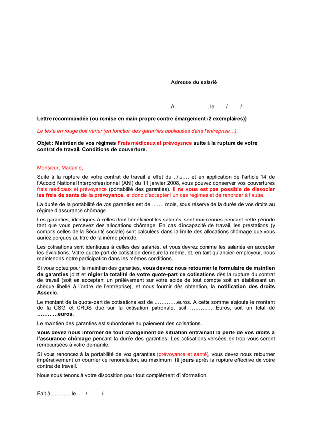 Lettre de la portabilité des garanties de prévoyance DOC PDF page sur