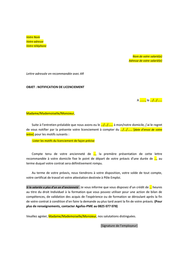 Lettre de licenciement modèle  DOC, PDF  page 1 sur 1