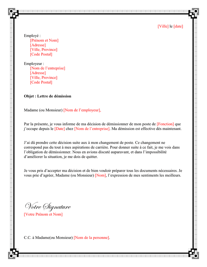 Exemple lettre de démission  DOC, PDF  page 1 sur 1