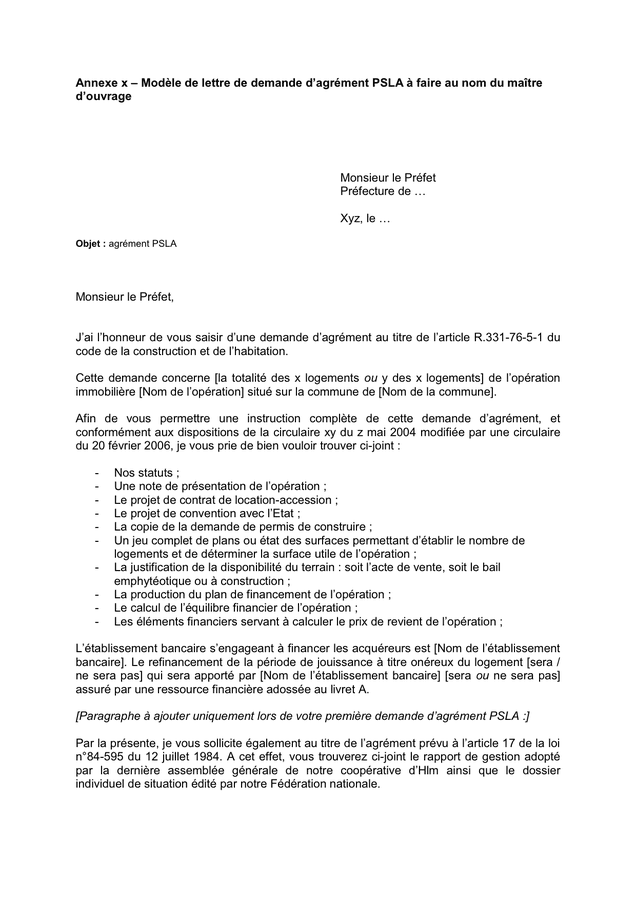 Modèle de lettre de demande d’agrément PSLA DOC, PDF page 1 sur 2