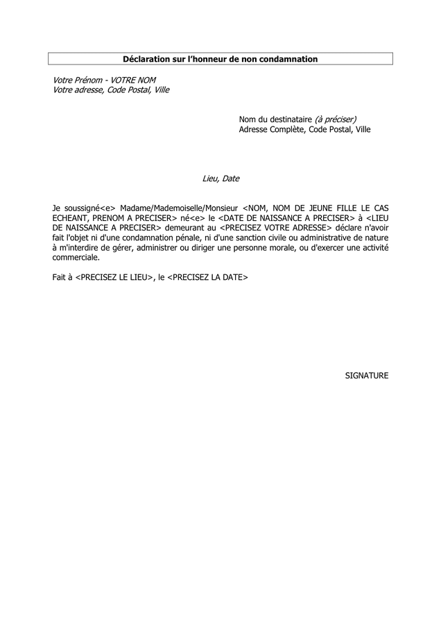 Modele Attestation De Non Condamnation UVZB Modele Attestation De Non Condamnation UVZB