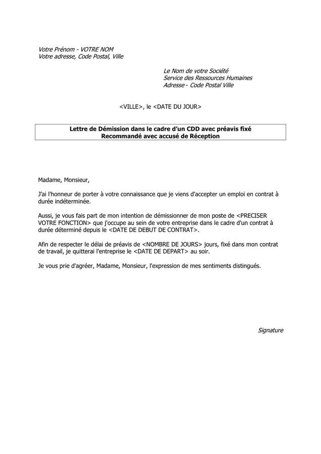 Lettre de démission dans le cadre d’un CDD avec préavis fixé - DOC, PDF ...