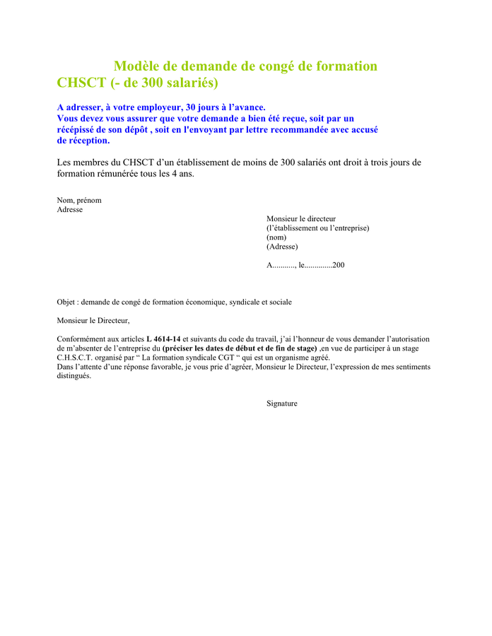 Modèle De Demande De Congé De Formation Doc Pdf Page 1 Sur 1