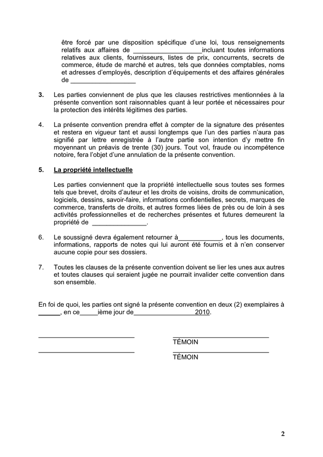 Entente de non-concurrence & confidentialité - DOC, PDF - page 2 sur 2