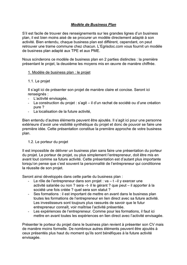 Modèle de business plan  DOC, PDF  page 1 sur 5