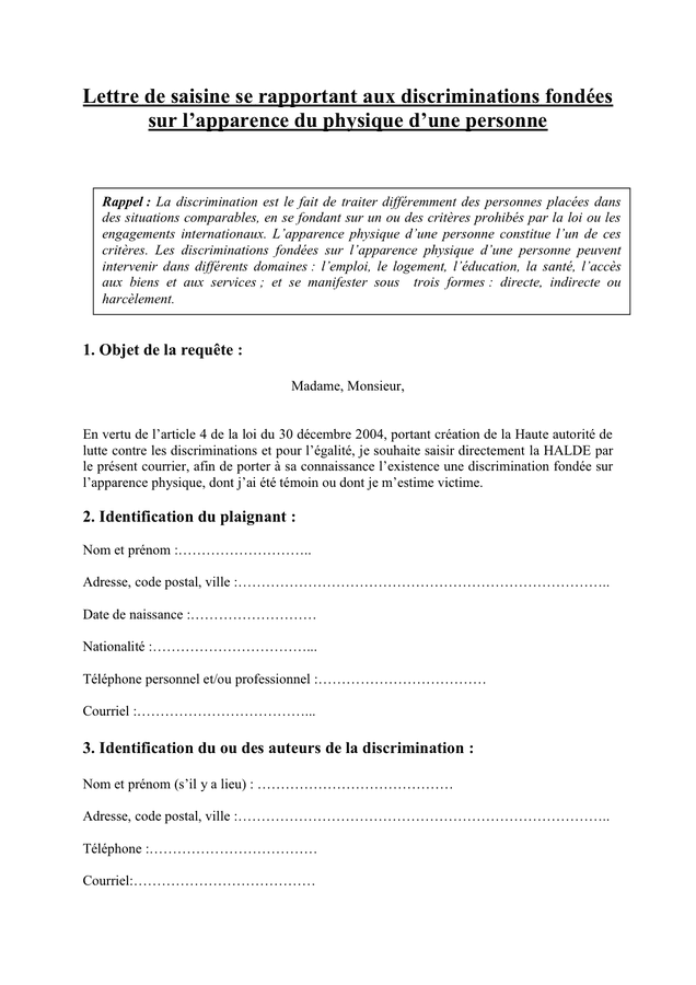 Lettre de saisine se rapportant aux discriminations fondées sur l