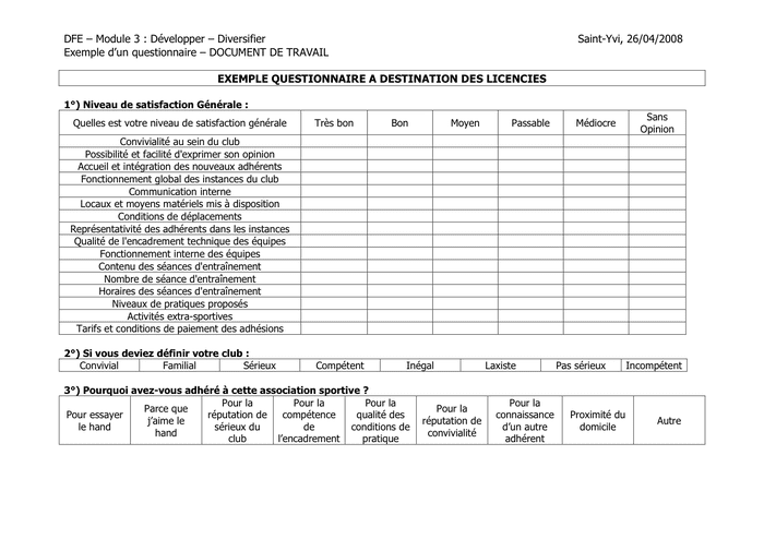 Exemple questionnaire a destination des parents de licencies  DOC, PDF