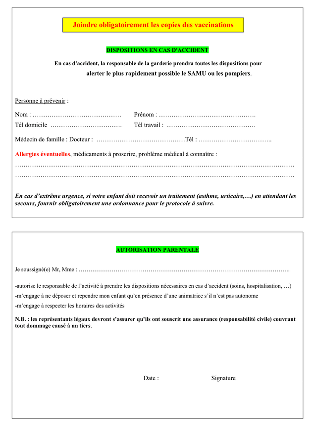 Fiche D’inscription - Garderie Periscolaire - DOC, PDF - Page 2 Sur 2