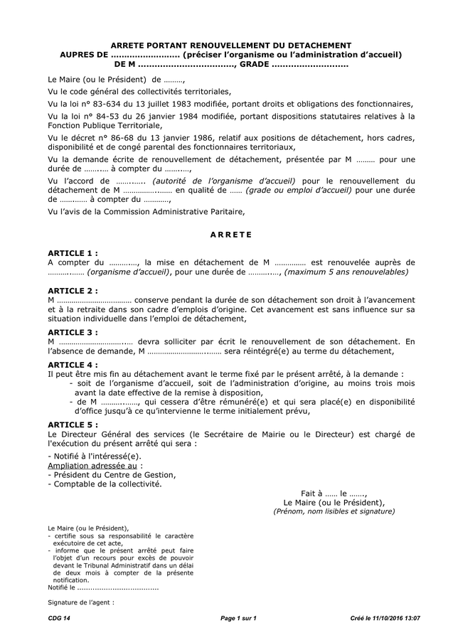 Arrete Portant Renouvellement Du Detachement - DOC, PDF - Page 1 Sur 1