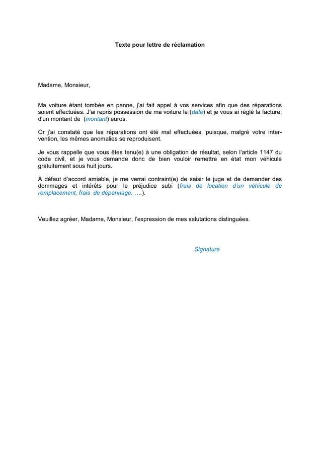 Modelé De Lettre De Réclamation Doc Pdf Page 1 Sur 1