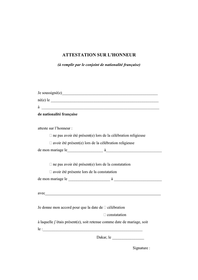 Attestation Sur L Honneur De Divorce HZVVND