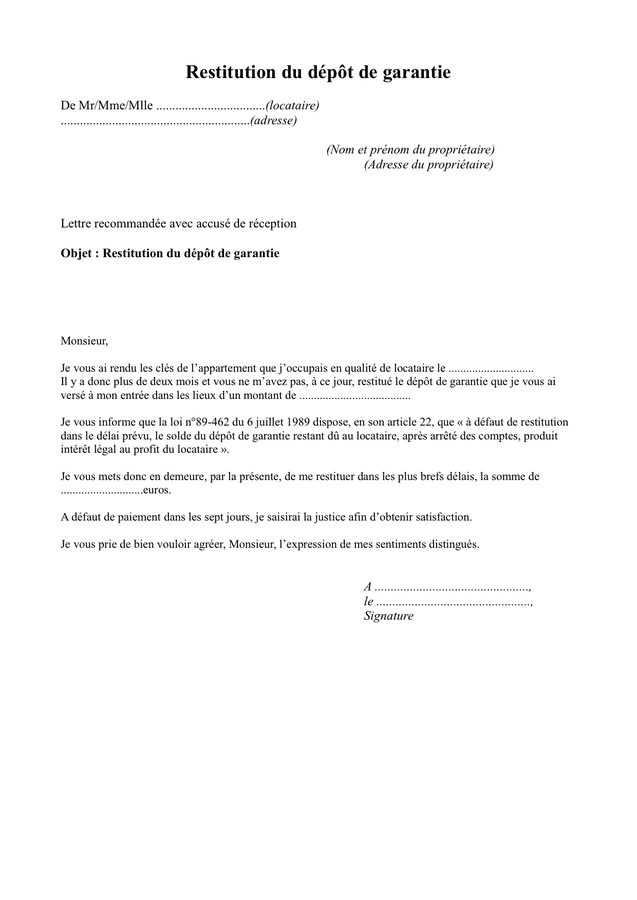 Restitution du dépôt de garantie DOC, PDF page 1 sur 1