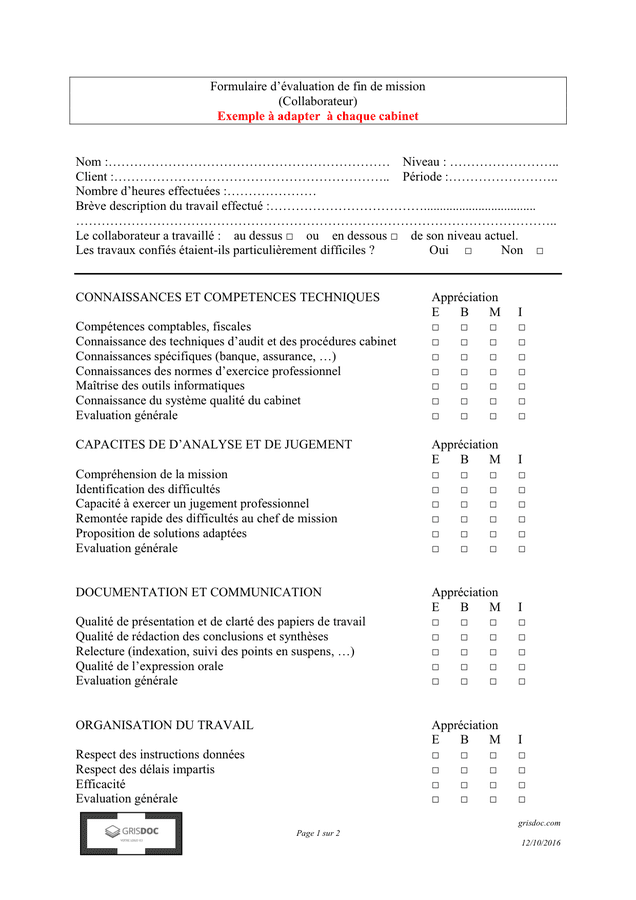 Formulaire d’évaluation de fin de mission - DOC, PDF - page 1 sur 2