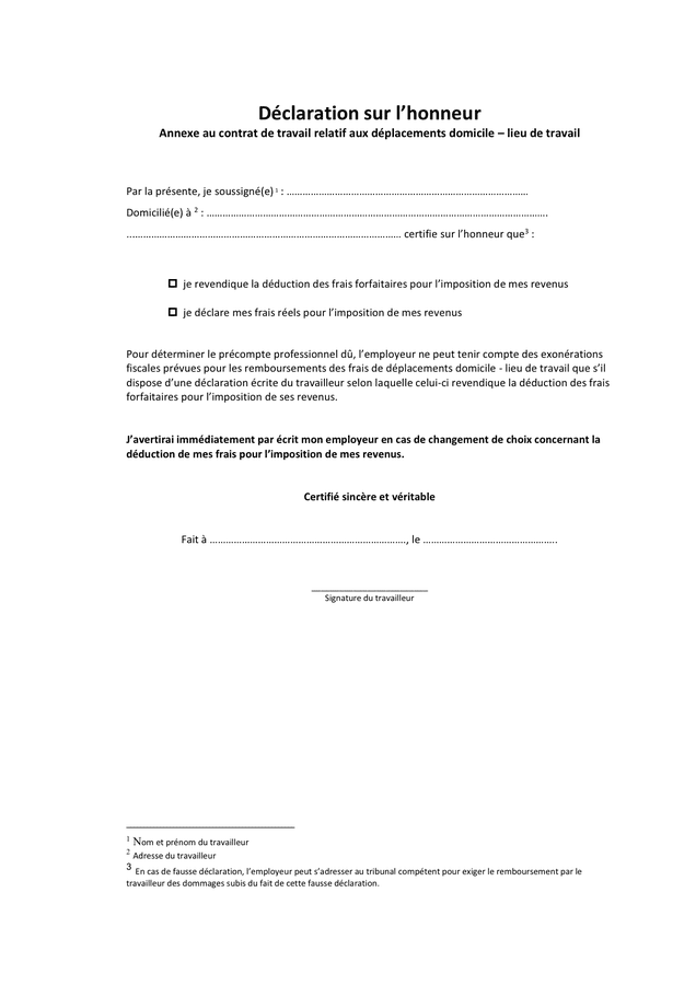 Modelé de déclaration sur l’honneur DOC, PDF page 1 sur 1